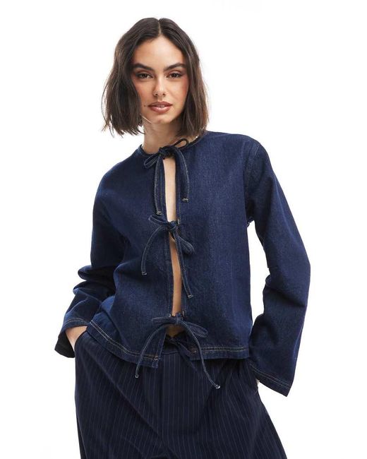 ASOS Blue Denim Long Sleeve Tie Front Top With Contrast Stitching