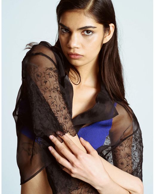 TOPSHOP Blue Crop Organza Embroidered Shirt