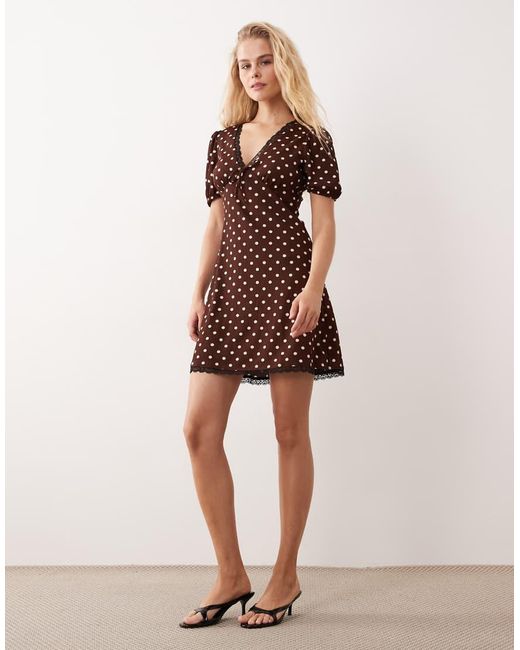 New Look Natural Polka Dot Crinkle Lace Trim Mini Dress