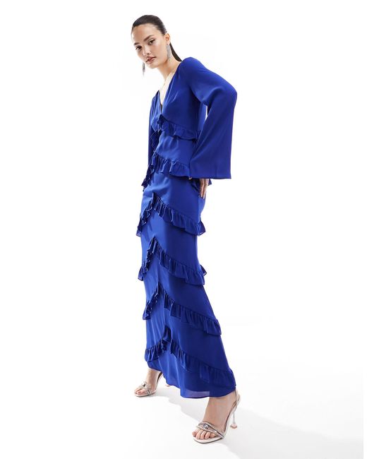 Pretty Lavish Blue Long Sleeve Ruffle Maxi Dress