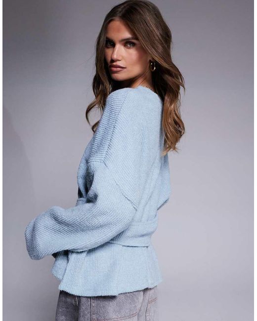 ASOS Blue Rib Boucle Long Sleeve Top With Gold Trim Detail