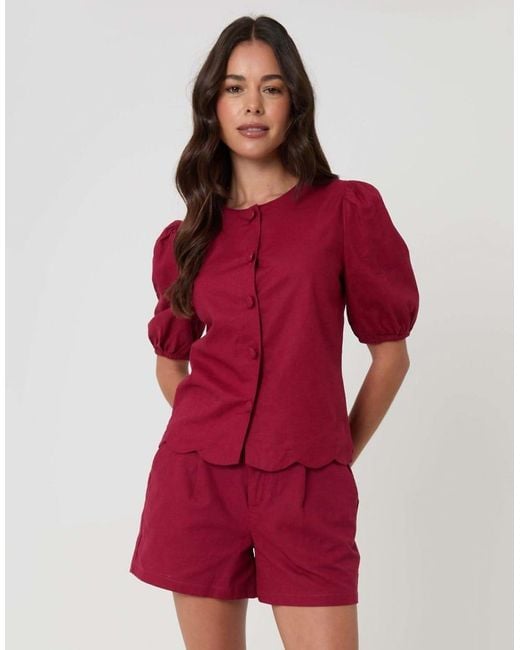 Threadbare Red Linen Blend Puff Sleeve Top