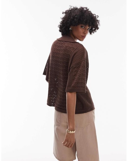 TOPSHOP Brown Open Stitch Polo Top