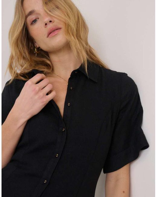 Nobody's Child Black Short Sleeve Linen-Blend Dillon Shirt Dress