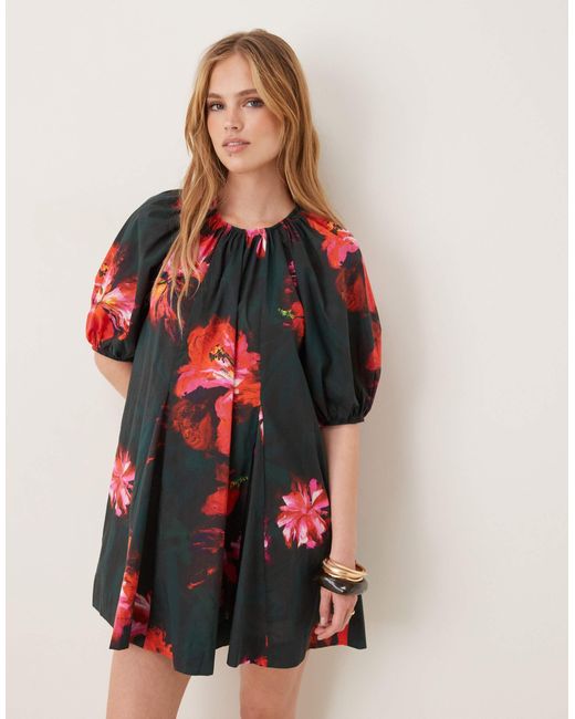 ASOS Red – minikleid aus baumwoll-popeline mit rotem blumen-print und puffärmeln