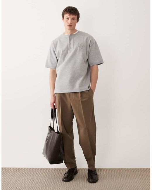 ASOS Gray Heavyweight Oversized Henley T-shirt With Chest Embroidery for men
