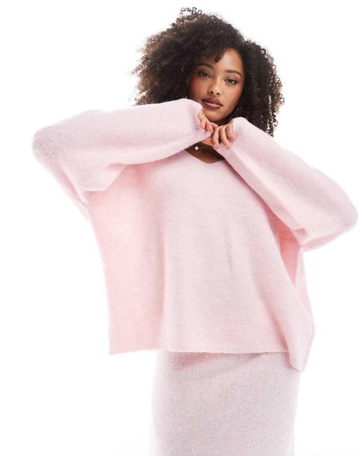 Pieces Pink Fluffy Oversized V Neck Jumper Co-ord