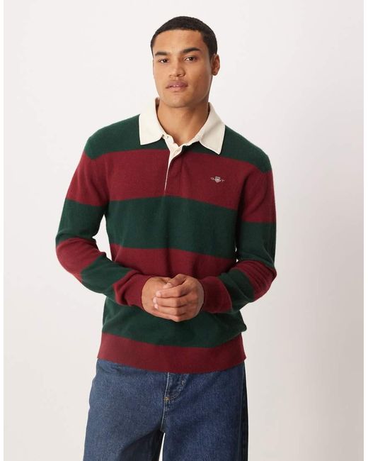 Gant Red Fine Knit Lambswool Striped Rugby Polo for men