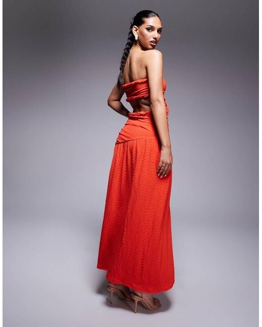 ASOS Red Bandeau With Cut Outs And Asymmetric Hem Textu Maxi Dress