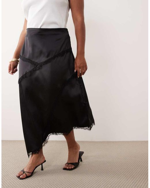 ASOS Black Asos Design Curve Satin Asymmetric Maxi Skirt With Lace Detail