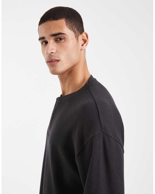 Cotton On Black Relaxed Fit Textured Henley Long Sleeve T-shirt for men