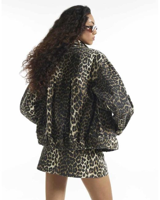 River Island Gray Leopard Denim Funnel Neck Jacket