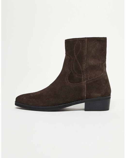 ASOS Brown Cuban Boot Suede With Western Stitching for men