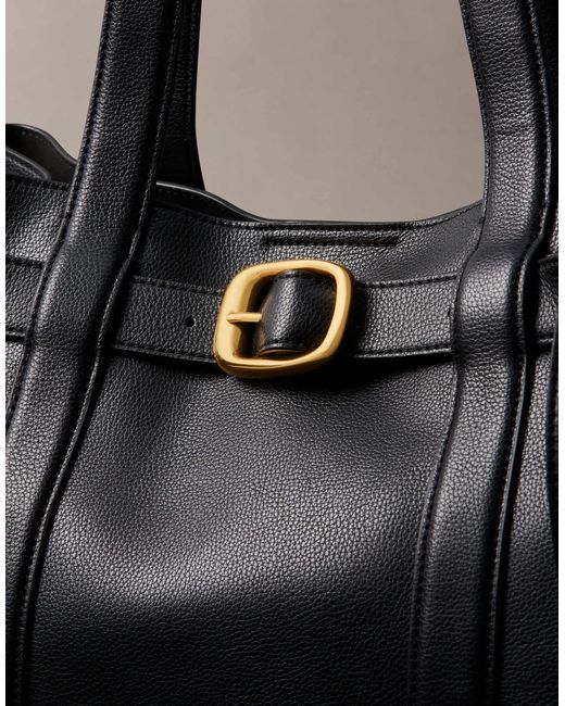 Calvin Klein Black Leather Buckle Medium Tote Bag