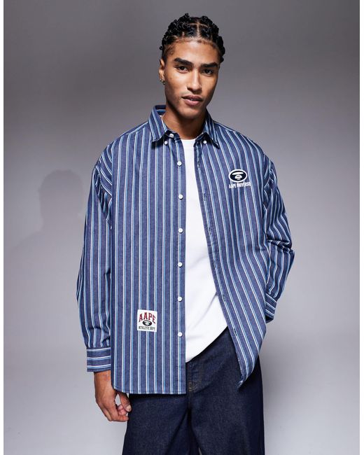 Aape By A Bathing Ape Blue Aape By A Bathing Ape Oversized Long Sleeve Striped Shirt for men