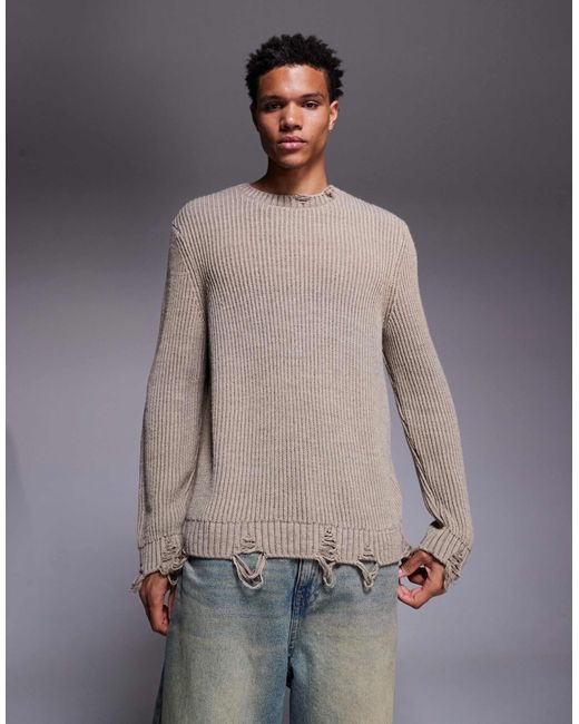 ASOS Gray Relaxed Knitted Crew Neck Jumper With Raw Edge for men