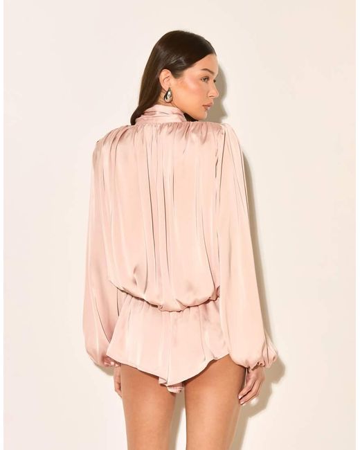 Noughts & Kisses Natural Satin High Neck Extreme Drape Balloon Sleeve Playsuit