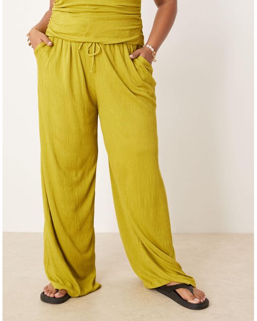 ASOS Yellow Asos Design Curve Crinkle Tie Waist Wide Leg Pants