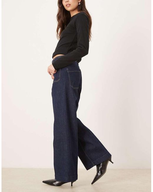 Mango Blue Jessie Cotton Mix Pocket Detail Wide Leg Jean