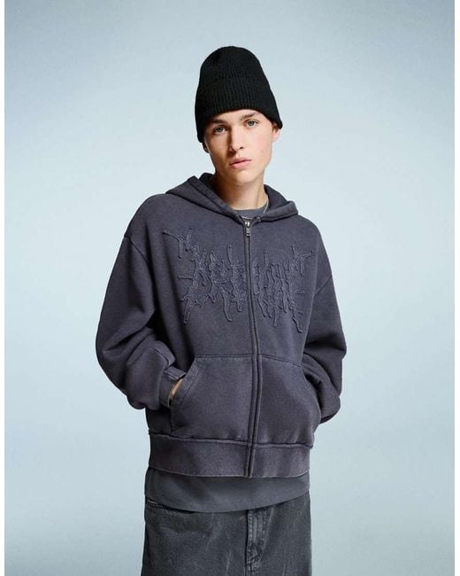 Bershka Blue Cropped Boxy Fit Zip-up Hoodie for men