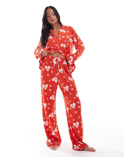 Loungeable Red Super Soft Jersey Revere Top And Wide Leg Pajama Set