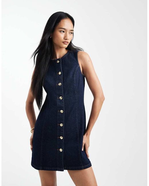 New Look Blue Denim Cinched Button Through Mini Dress