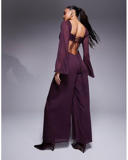 ASOS Purple Satin Corset Bust Wide Leg Jumpsuit With Cut Out