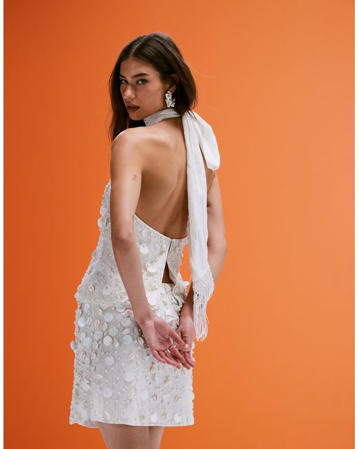 ASOS Orange Co-ord Linen Blend Halter Top With Faux Shell And Sequin Embellisment
