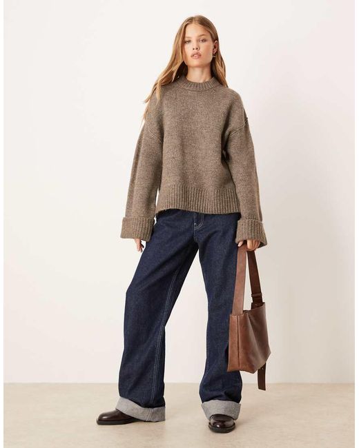 Gina Tricot Blue Relaxed Crew Neck Folded Sleeve Knitted Sweater