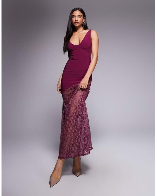 ASOS Purple Lace Mix Slinky Plunge Maxi Dress