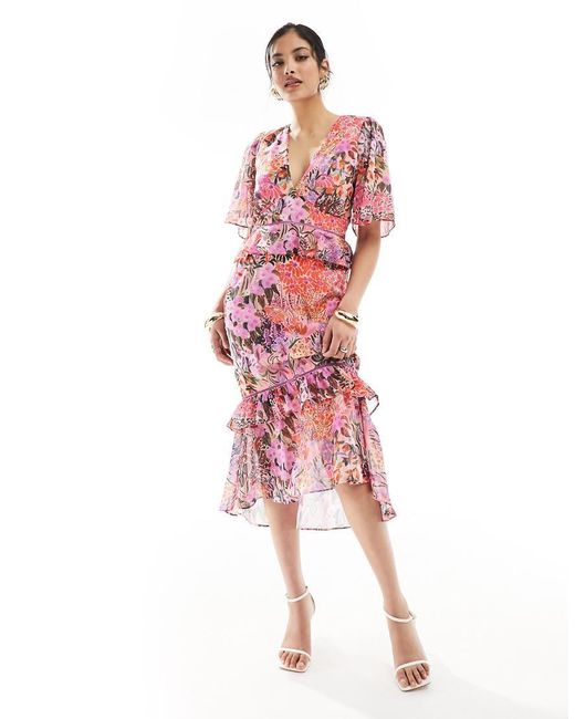 Hope & Ivy Red Plunge Midi Dress With Ruffle Detail