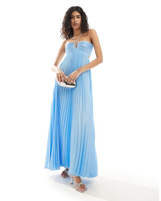 Forever New Blue Cut Out Tie Back Plisse Maxi Dress