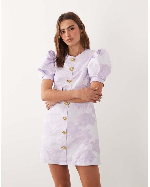 Sister Jane Pink Anemone Exclusive Jacquard Puff Sleeve Round Neck Mini Dress