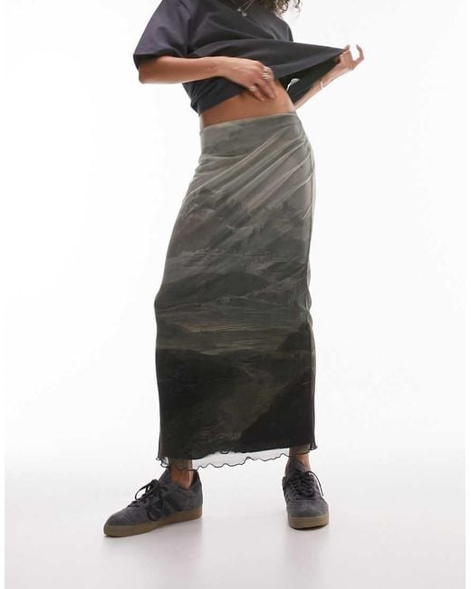 TOPSHOP Black Scenic Mesh Midi Skirt