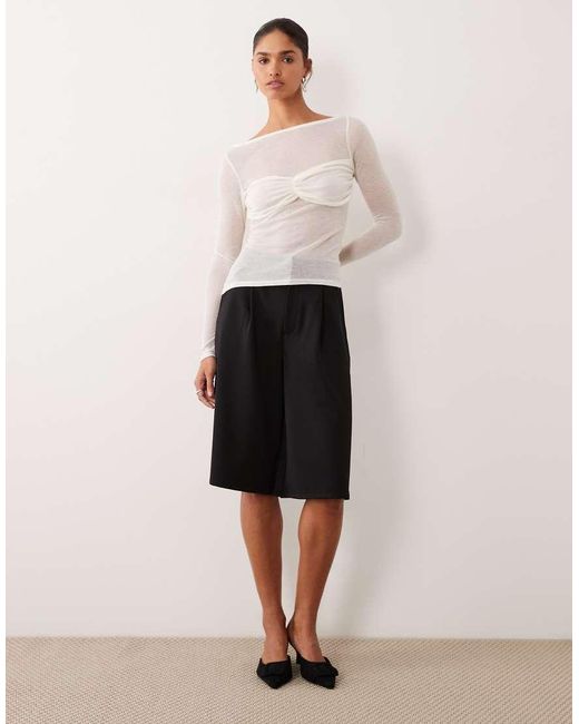 ASOS White Knit-look Semi Sheer Long Sleeve Top With Ruched Bust Overlay