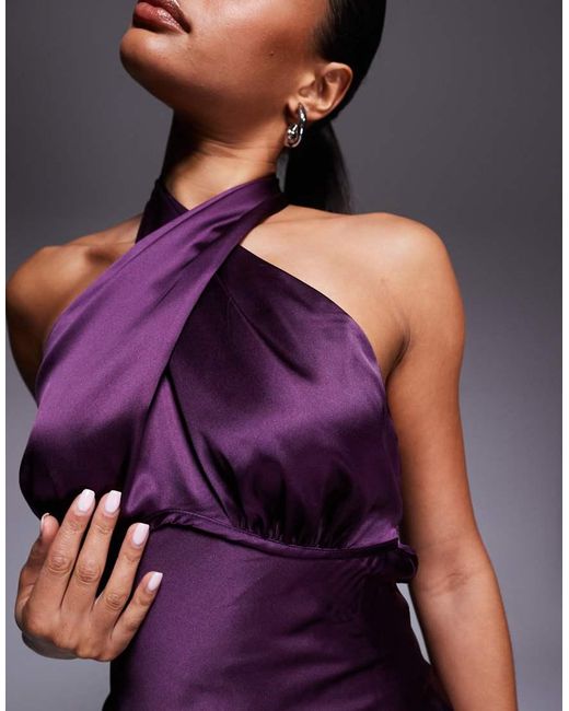 Princess Polly Purple Rosaminta High Shine Satin Cross Front Halterneck Tie Open Back Maxi Dress