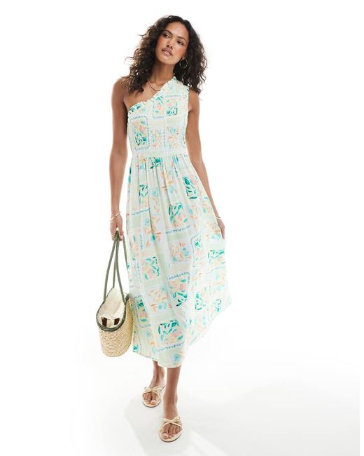 Native Youth Blue Shirred One Shoulder Midaxi Dress