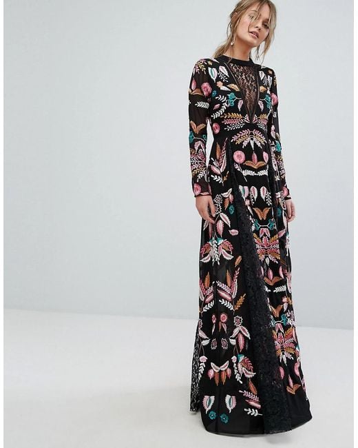 Frock and Frill Black Embroidered Maxi Dress With Lace Inserts