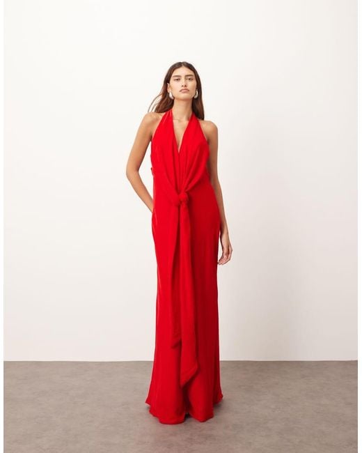 ARRANGE Red Halter Neck Plunge Velvet Maxi Dress With Tie Detailing