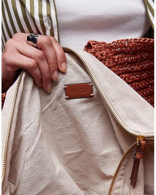 Mango Extra Grote Raffia Tote Tas Met Rits En Voering in het Gray