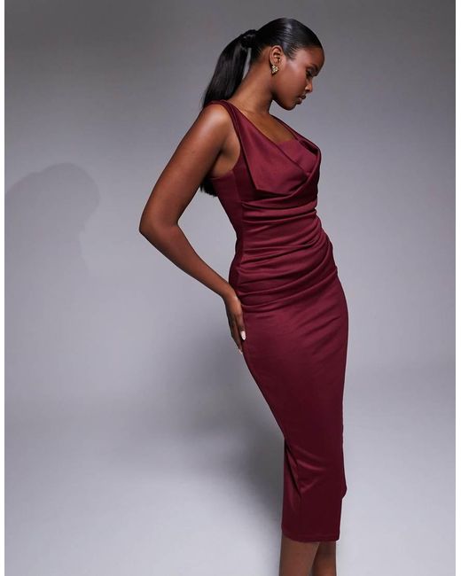 ASOS Red Square Neck Pleat Bust Midi Pencil Dress