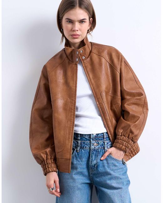TOPSHOP Leather Look Funnel Neck Jacket In Blue Lyst