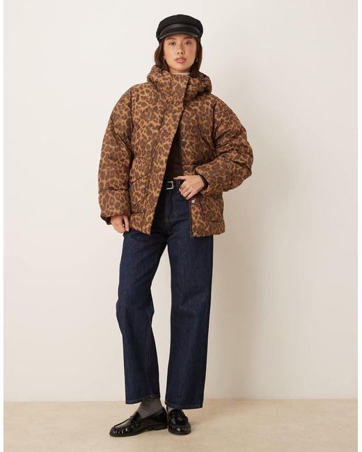 JJXX Brown Puffer Jacket With Leopard Print