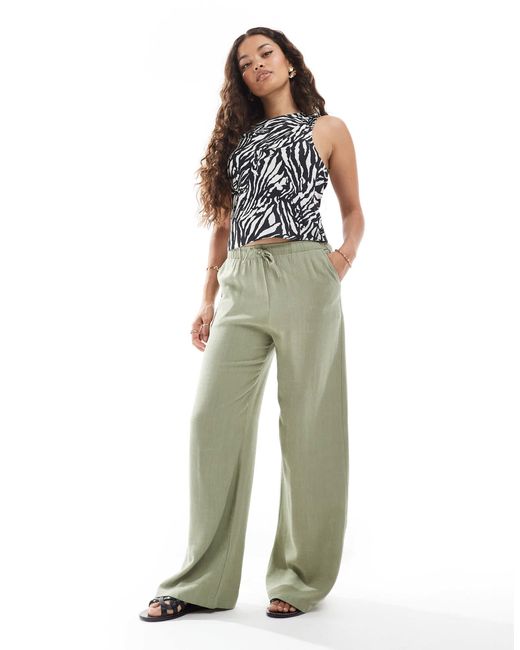 Stradivarius Green Petite Linen Look Pull On Trouser