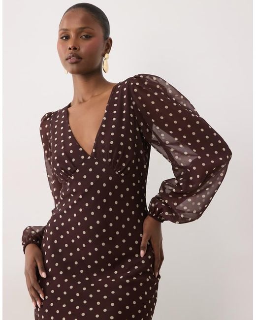LACE & BEADS Brown V Neck Balloon Sleeve Ruffle Hem Maxi Dress