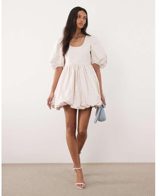 Sister Jane Natural Denim Polka Dot Puff Sleeve Bubble Hem Mini Dress