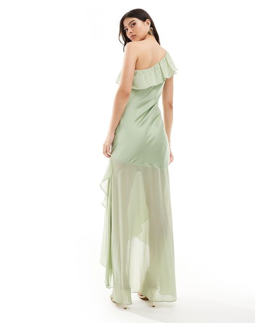 TFNC London Green Bridesmaid Satin One Shoulder Ruffle Maxi Dress