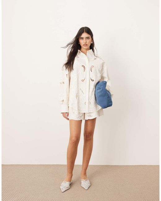 ARRANGE Natural Cotton Mirrored Floral Embroidered Cutwork Shorts Co-ord