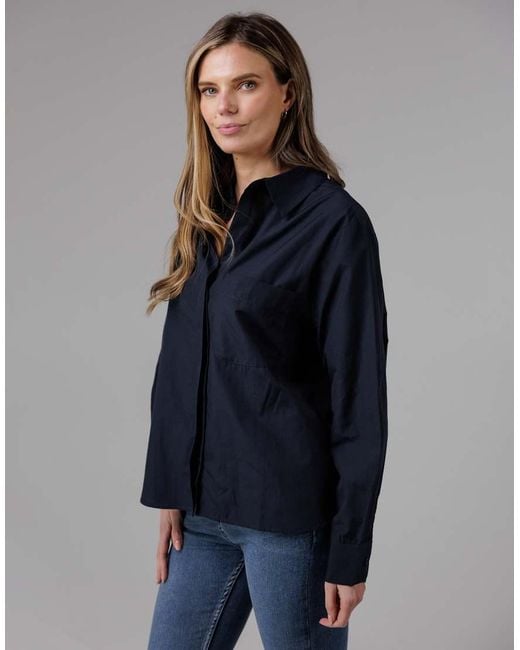French Connection Blue Cotton Long Sleeve Chest Pocket Poplin Popover High-Low Hem Shirt