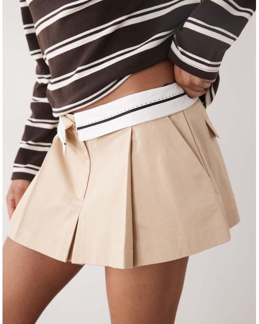 Monki Natural Fold Over Waistband Pleated Mini Skirt